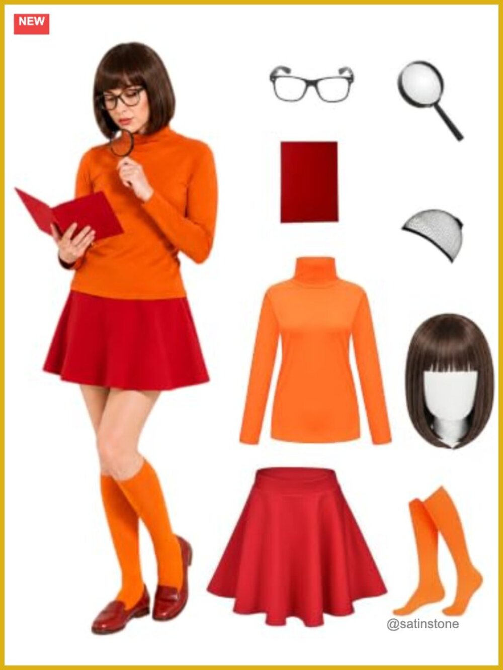 Women Adult Halloween Detective Costume 7 Piece Set Top Skirt Wig Glasses